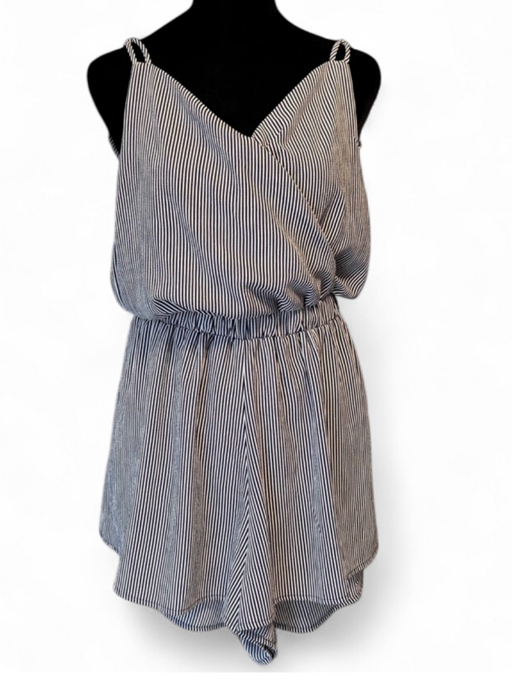 Tresics Luxe  Black & White Striped Sleeveless Romper SP, Elastic Waist.